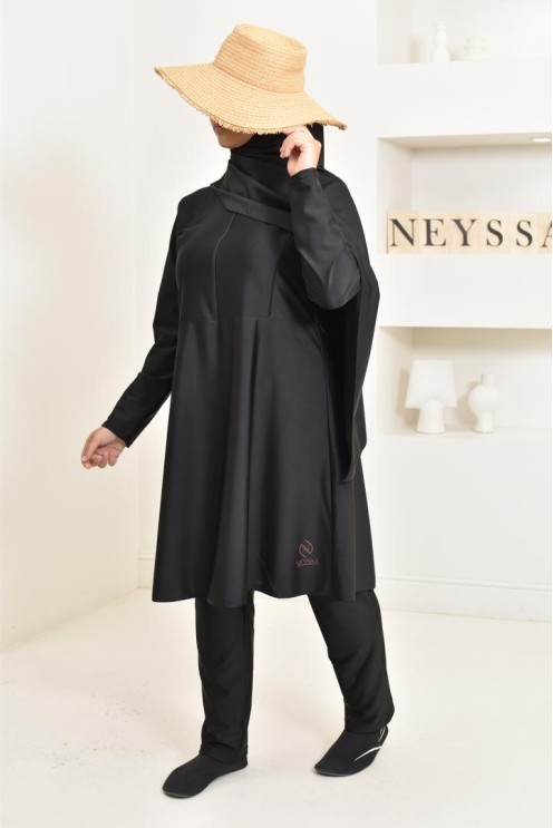 burkini long noir 3 pièces, tunique, pantalon et hijab. idéal hijabi