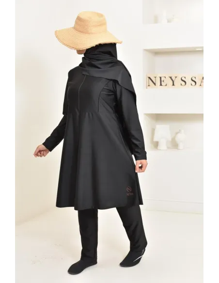 burkini long noir 3 pièces, tunique, pantalon et hijab. idéal hijabi