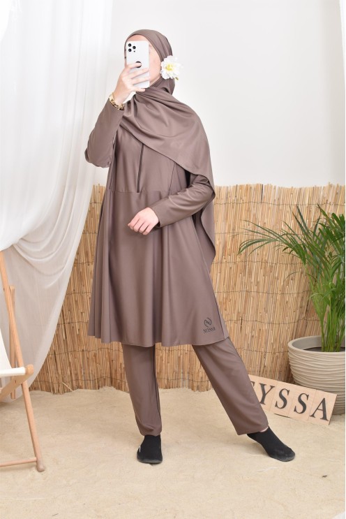 Burkini long coupe évasée tunique zippée, idéale femme allaitante