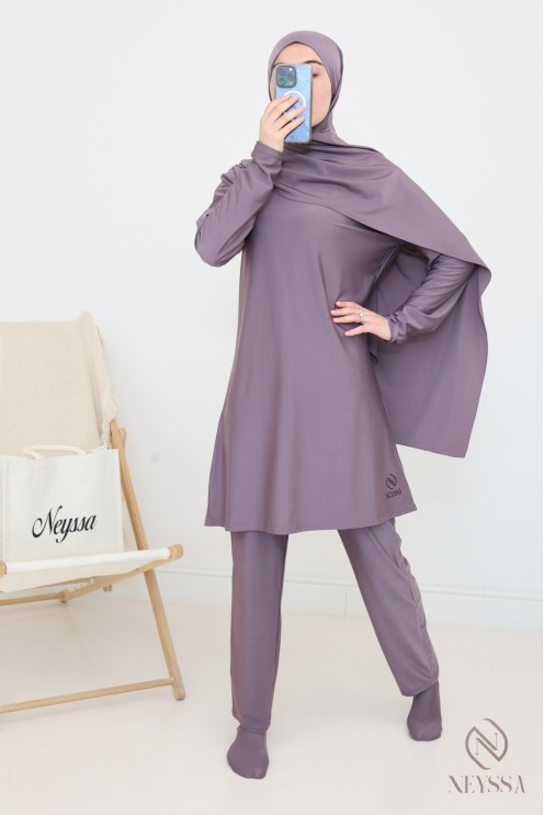 Bathing burkini with long tunic for veiled women, water-repellent fabric