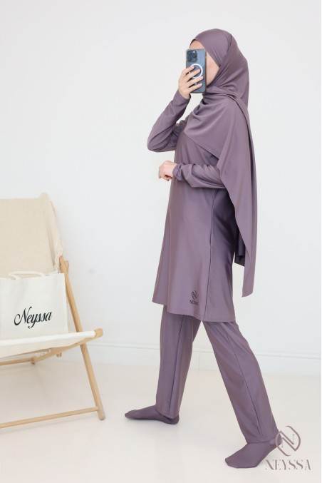 Bathing burkini with long tunic for veiled women, water-repellent fabric