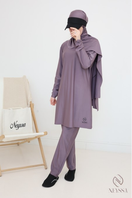 Bathing burkini with long tunic for veiled women, water-repellent fabric