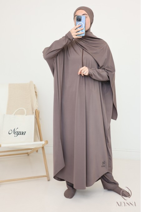 Burkini long jilbeb de bain taupe foncé pour femme hijabi
