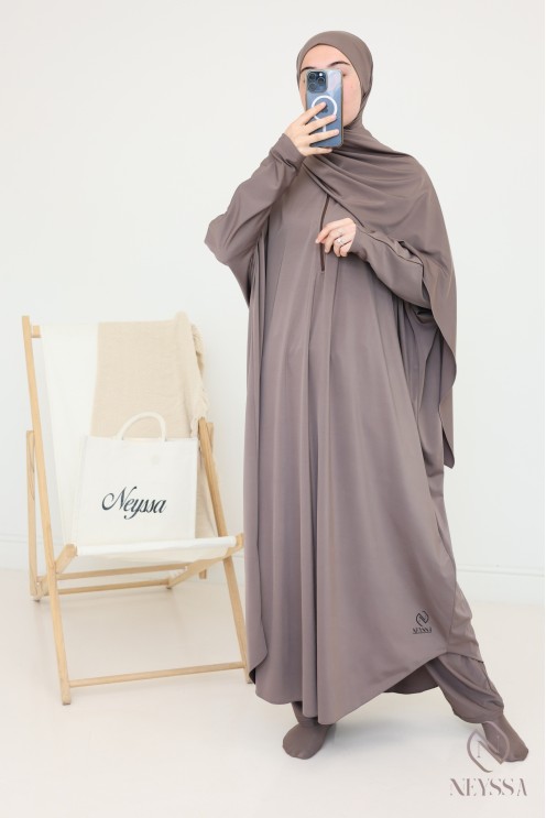 Burkini long jilbeb de bain taupe foncé pour femme hijabi