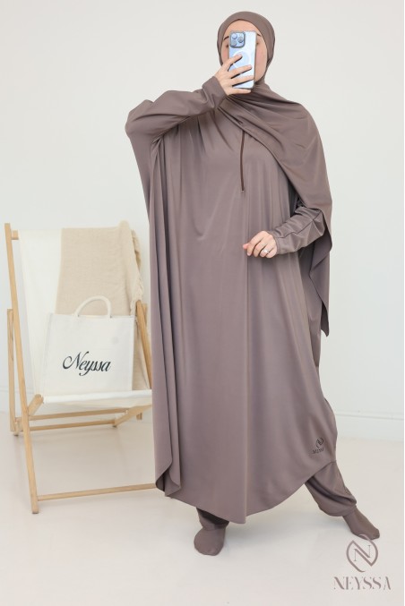 Dark taupe long burkini swimwear for hijabi women
