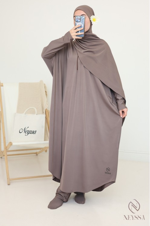 Dark taupe long burkini swimwear for hijabi women