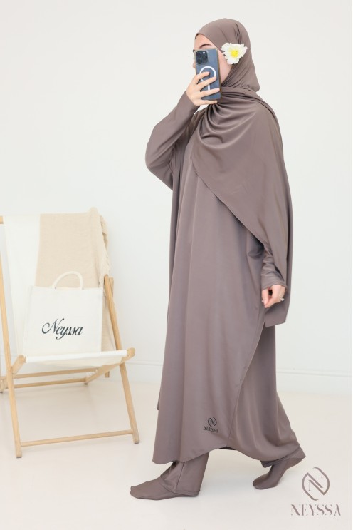 Dark taupe long burkini swimwear for hijabi women