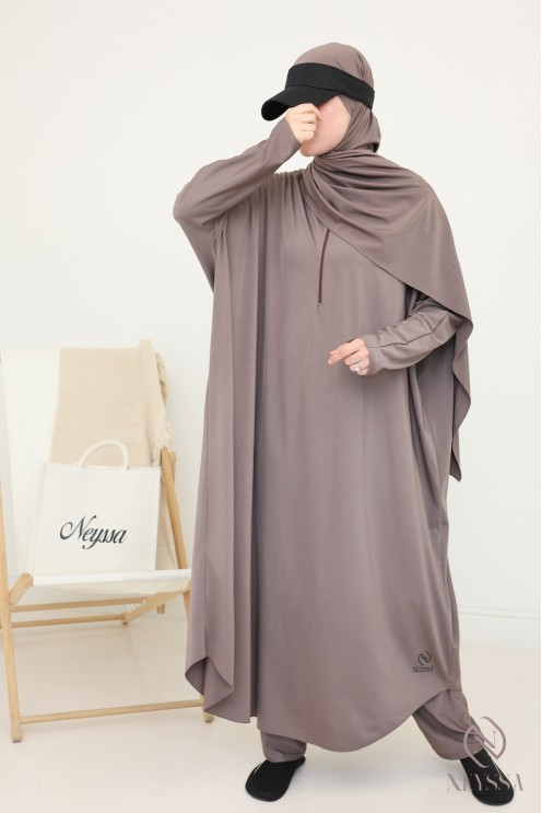 Dark taupe long burkini swimwear for hijabi women