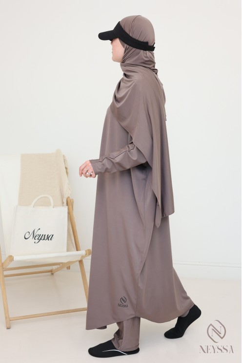 Burkini long jilbeb de bain taupe foncé pour femme hijabi