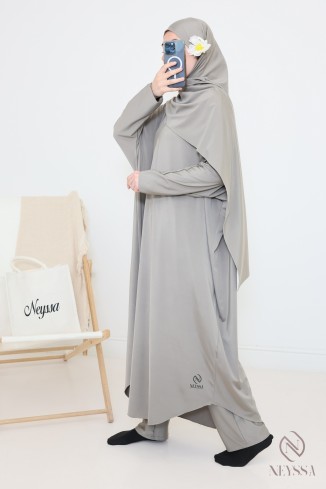 Jilbeb de bain burkini taupe femme, tissu hydrofuge haute qualité