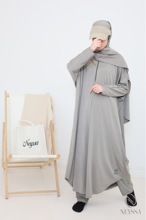 Jilbeb de bain burkini taupe femme, tissu hydrofuge haute qualité