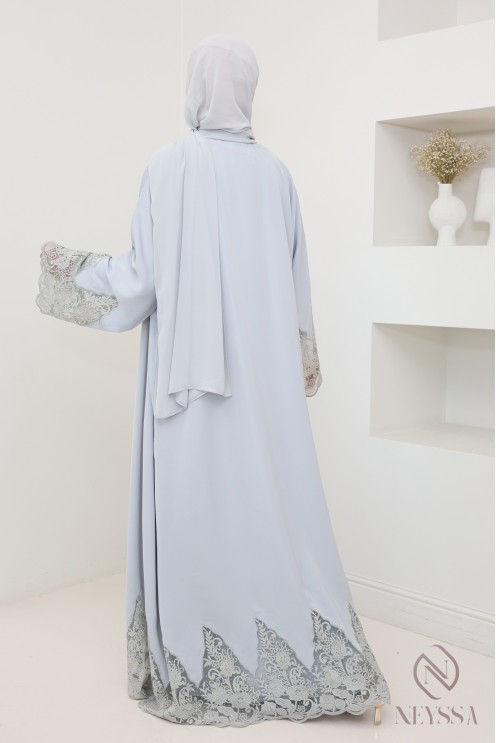 Abaya Dubaï kimono gris avec broderie, tissu haute qualité en Nidah