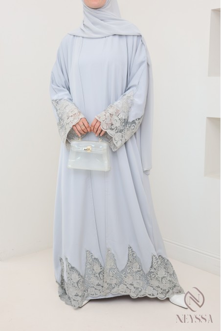 Abaya Dubai Kimono grau mit Stickerei, hochwertiger Stoff aus Nidah.
