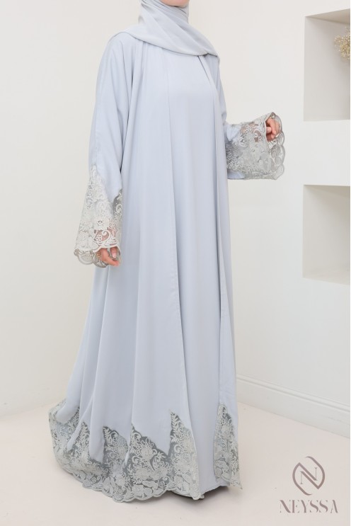 Abaya Dubai Kimono grau mit Stickerei, hochwertiger Stoff aus Nidah.