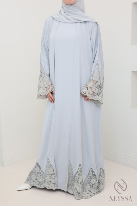 Abaya Dubai Kimono grau mit Stickerei, hochwertiger Stoff aus Nidah.