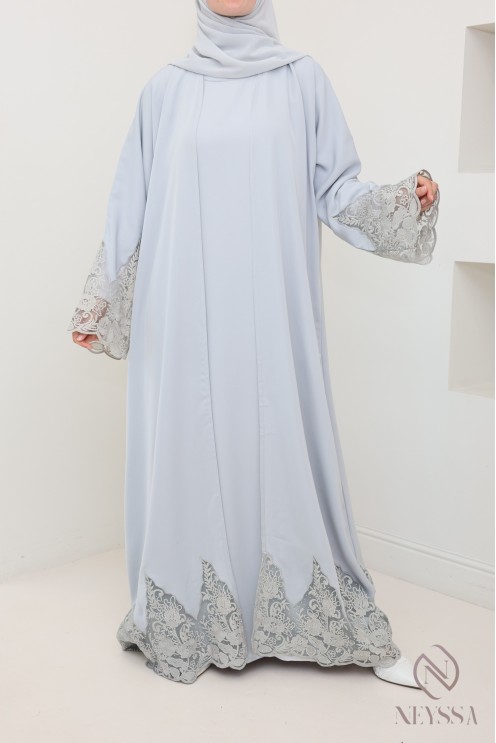 Abaya Dubaï kimono gris avec broderie, tissu haute qualité en Nidah