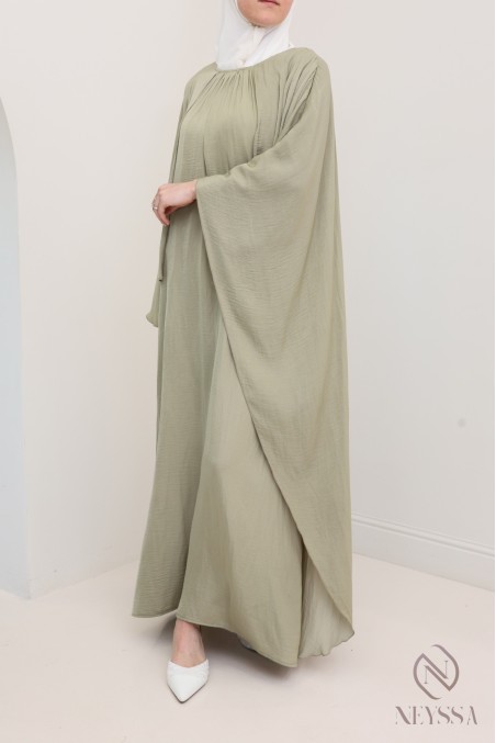 Long dress with cape front and back, fluid satin fabric