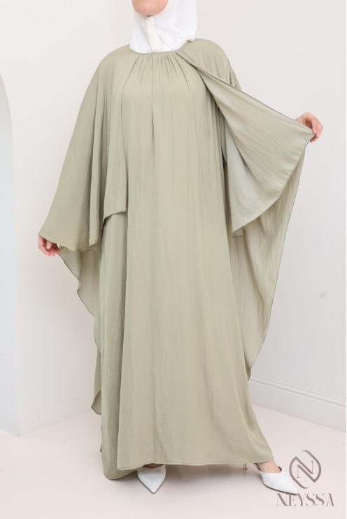 Long dress with cape front and back, fluid satin fabric