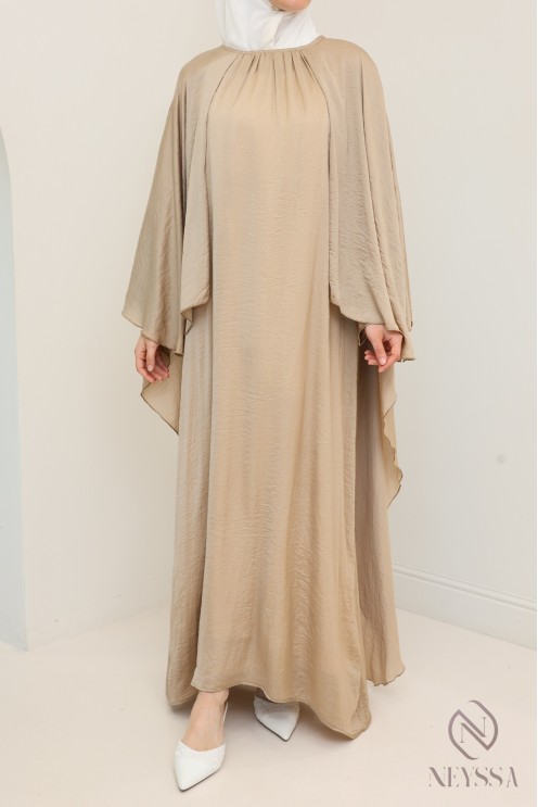 Long dress with cape front and back, fluid satin fabric