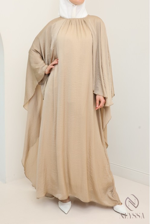 Long dress with cape front and back, fluid satin fabric