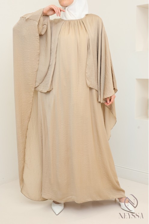 Long dress with cape front and back, fluid satin fabric