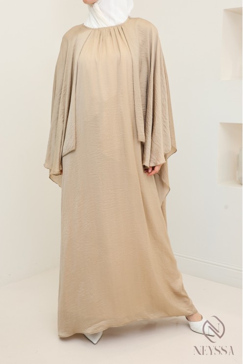 Long dress with cape front and back, fluid satin fabric
