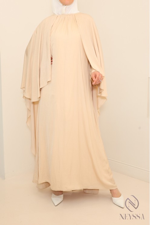 Long dress with cape front and back, fluid satin fabric