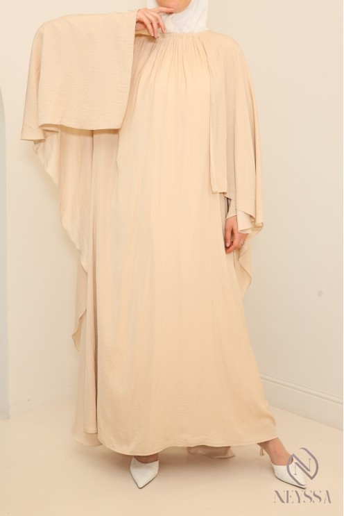 Long dress with cape front and back, fluid satin fabric