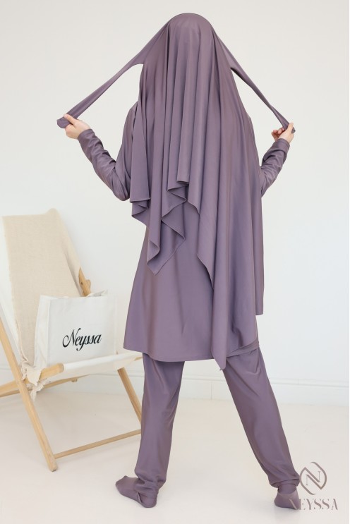 Bathing burkini with long tunic for veiled women, water-repellent fabric