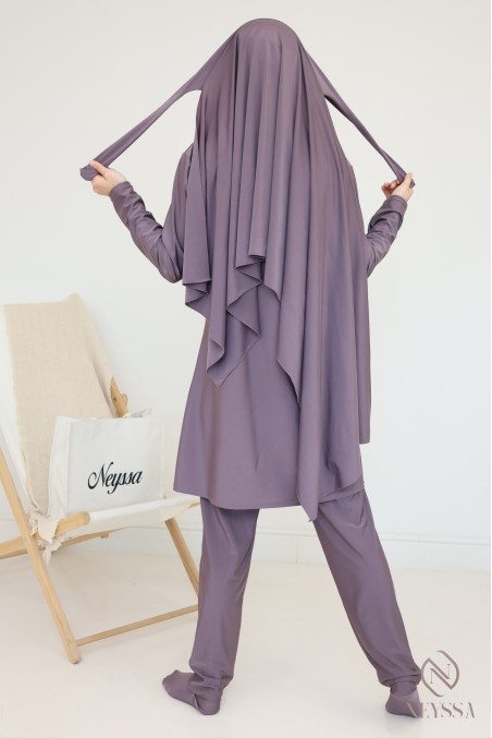 Bathing burkini with long tunic for veiled women, water-repellent fabric
