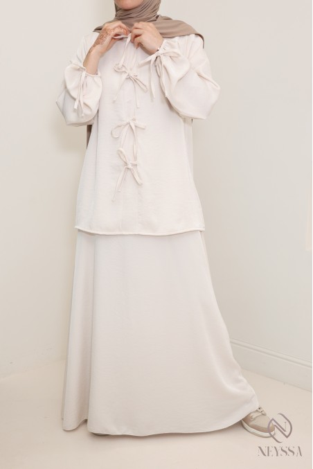 Ensemble femme beige tunique longue et jupe longue avec poches