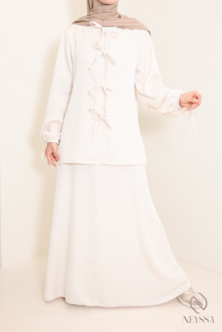 Ensemble femme beige tunique longue et jupe longue avec poches