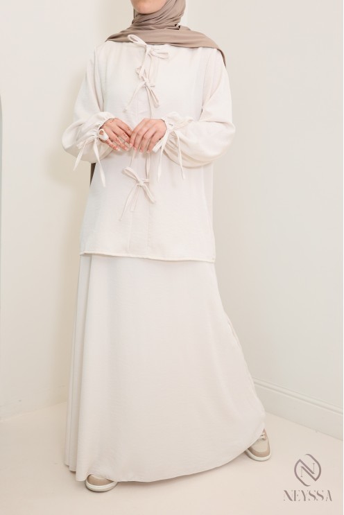 Women's beige long tunic and long skirt set with pockets