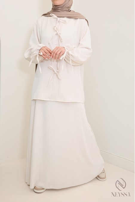 Women's beige long tunic and long skirt set with pockets