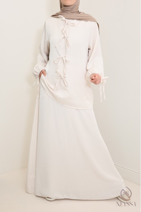 Ensemble femme beige tunique longue et jupe longue avec poches