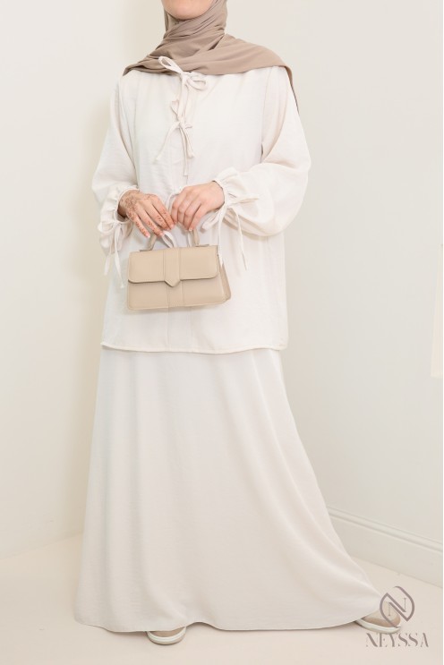 Ensemble femme beige tunique longue et jupe longue avec poches