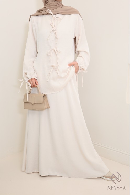 Ensemble femme beige tunique longue et jupe longue avec poches