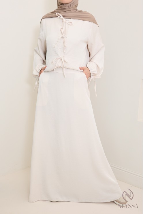 Ensemble femme beige tunique longue et jupe longue avec poches