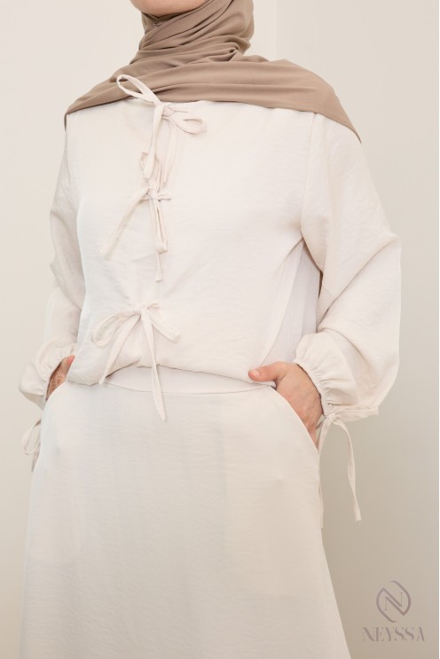 Women's beige long tunic and long skirt set with pockets