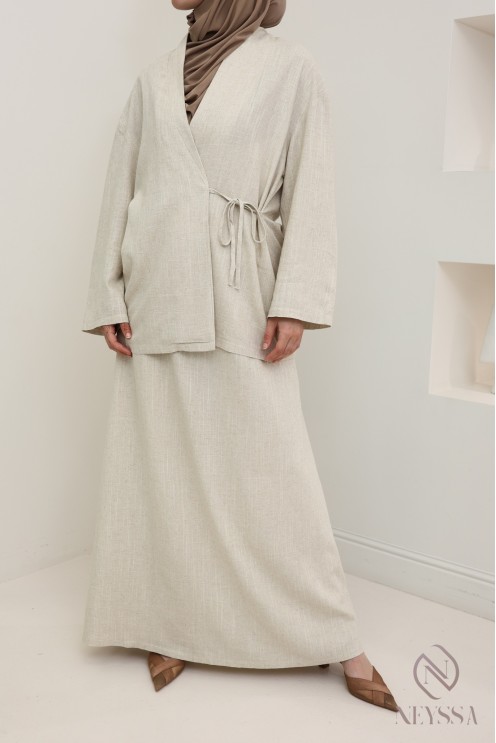 Elegant beige linen-effect top with tie, ideal for everyday wear