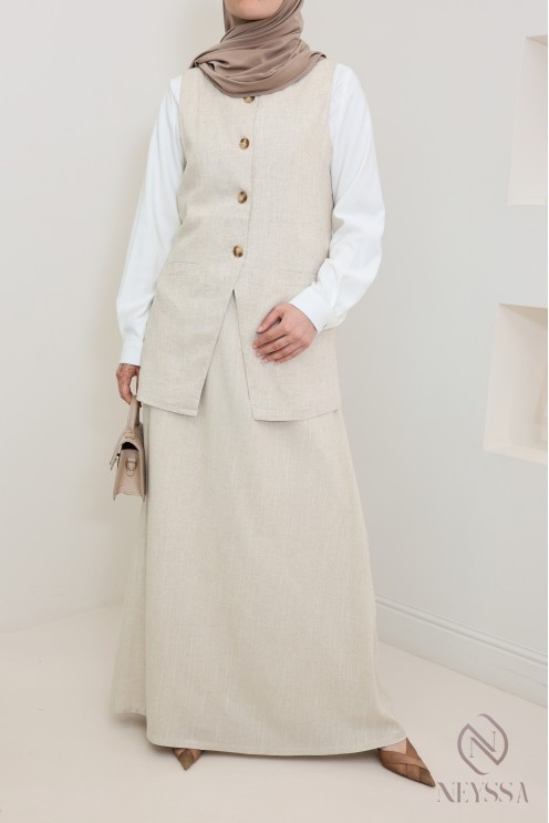 Haut style veste avec boutons en lin beige pour femme hijabi tendance