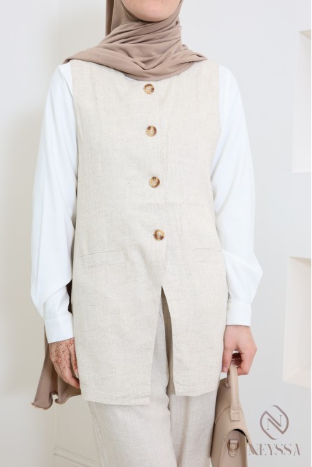 Haut style veste avec boutons en lin beige pour femme hijabi tendance