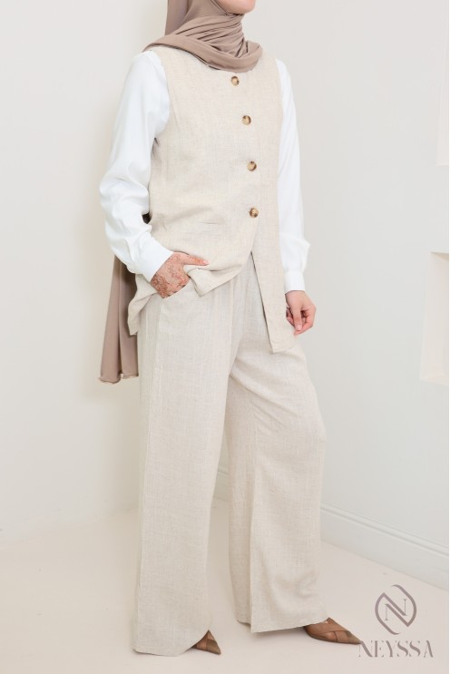 Stylish beige linen jacket with buttons for trendy hijabi women