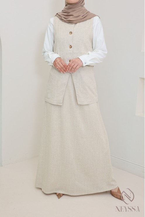 Haut style veste avec boutons en lin beige pour femme hijabi tendance