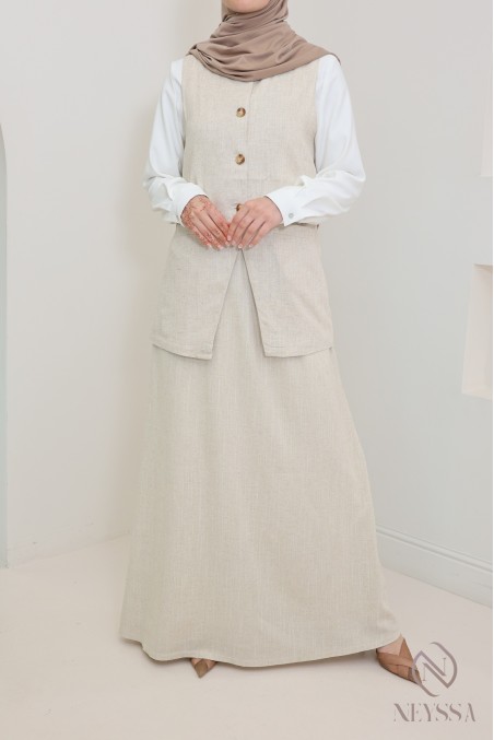 Haut style veste avec boutons en lin beige pour femme hijabi tendance