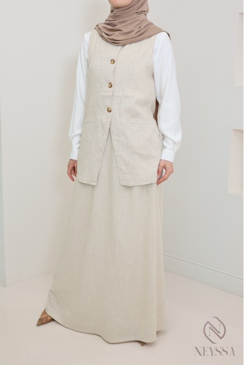Haut style veste avec boutons en lin beige pour femme hijabi tendance
