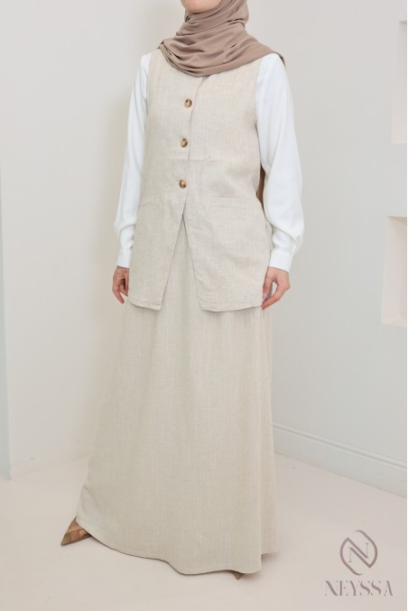 Stylish beige linen jacket with buttons for trendy hijabi women