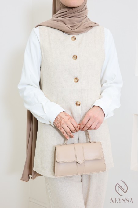 Stylish beige linen jacket with buttons for trendy hijabi women