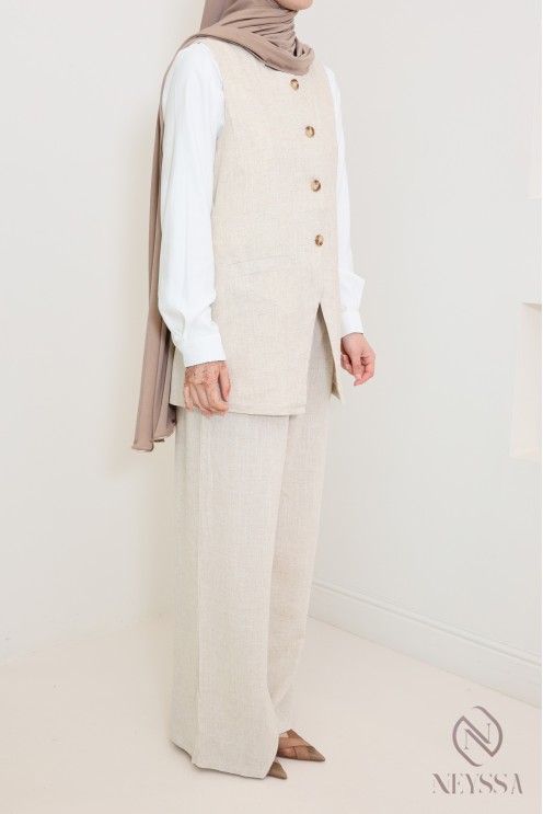 Pantalon femme en lin ample taille élastique avec poches idéal été