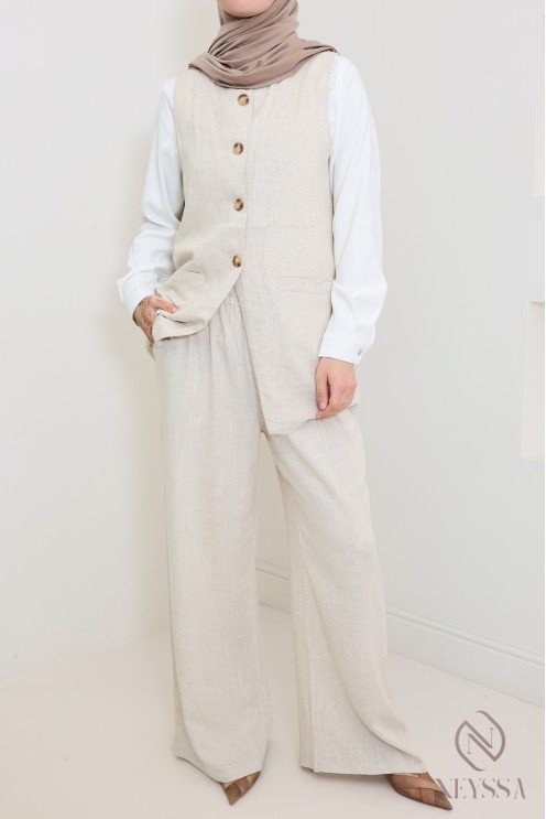 Pantalon femme en lin ample taille élastique avec poches idéal été